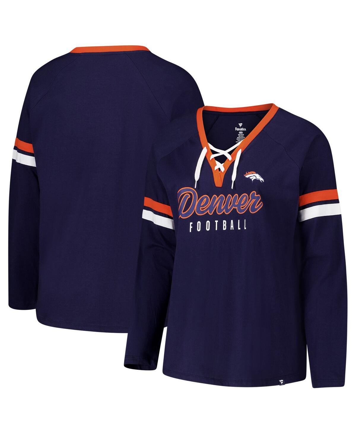 Women's Navy Denver Broncos Plus Size Won Done Lace-Up V-Neck Long Sleeve T-Shirt - Navy