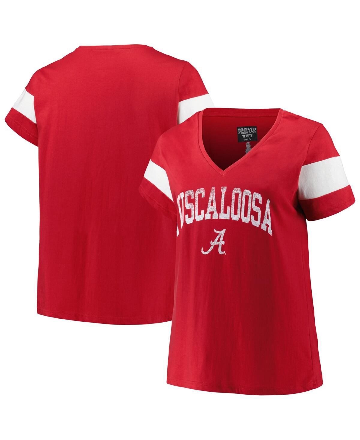 Profile Women's Heather Crimson Alabama Crimson Tide Plus Size Arched City Sleeve Stripe V-neck T-shirt In Red