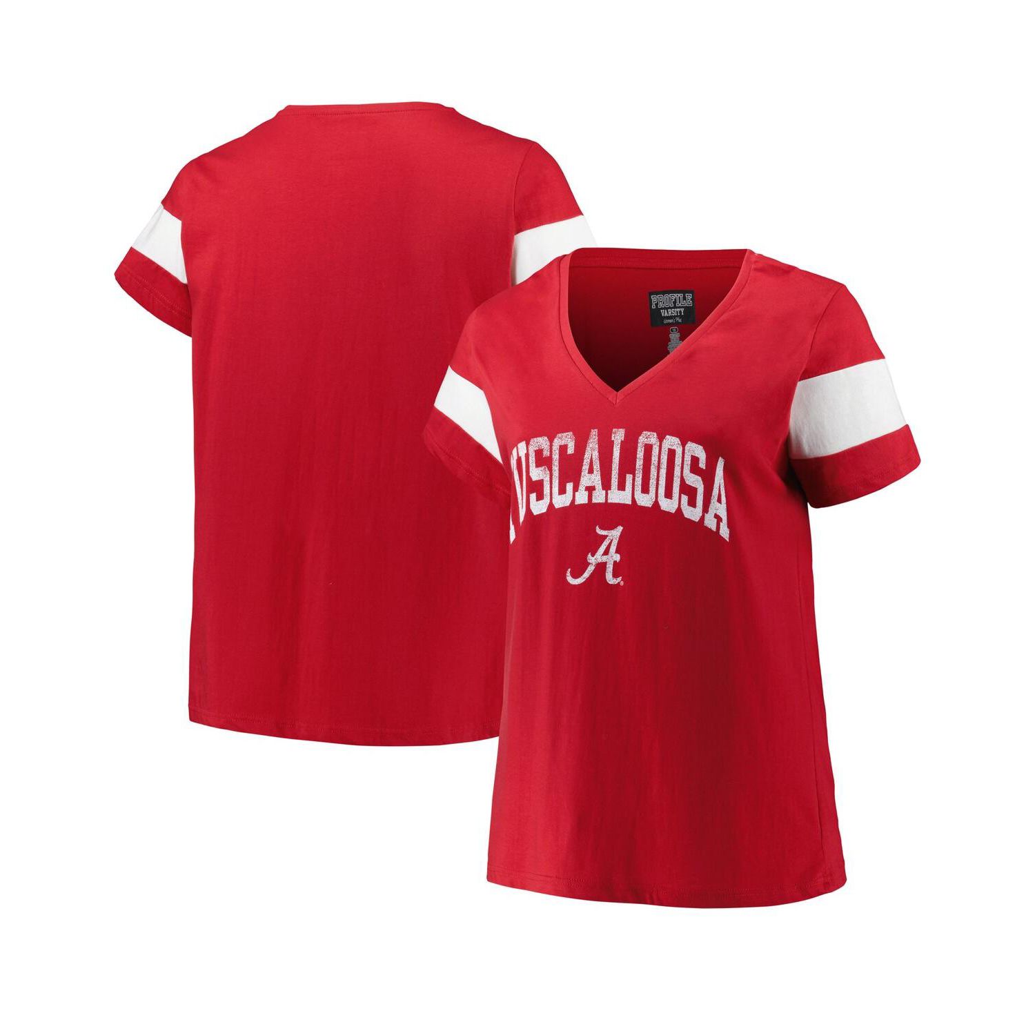 Women's Heather Crimson Alabama Crimson Tide Plus Size Arched City Sleeve Stripe V-Neck T-Shirt