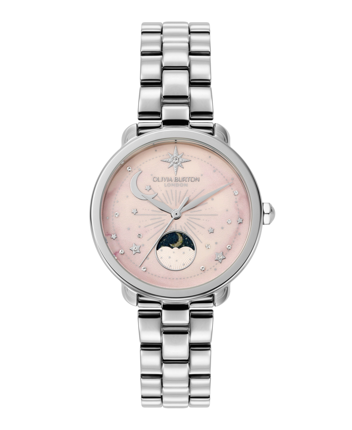 Olivia Burton Women's Moonphase Silver Tone Stainless Steel Bracelet Watch, 34mm