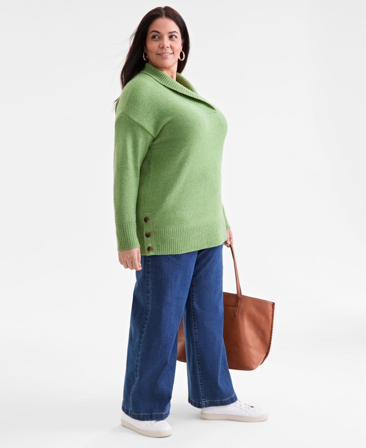 Style & Co Plus Size Solid Shawl-collar Tunic Sweater, Macy's Exclusive In Green