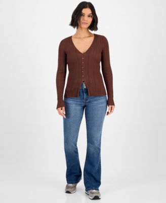 Juniors' Double-Button Distressed Bootcut Jeans