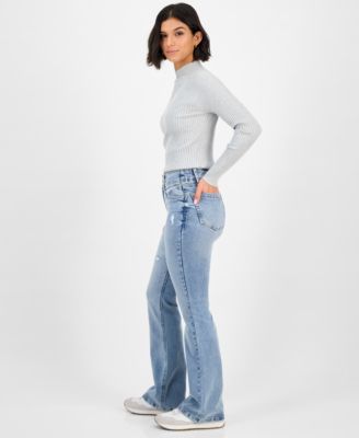 Juniors' Double-Button Distressed Bootcut Jeans