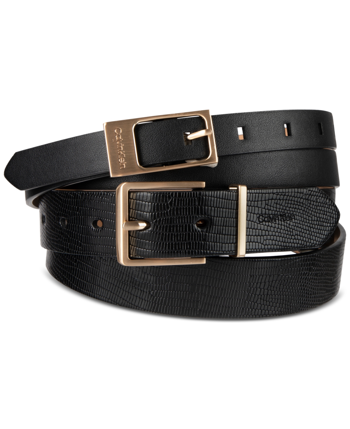 Calvin Klein 2-pc. Skinny Faux-leather & Embossed Belt Set In Black
