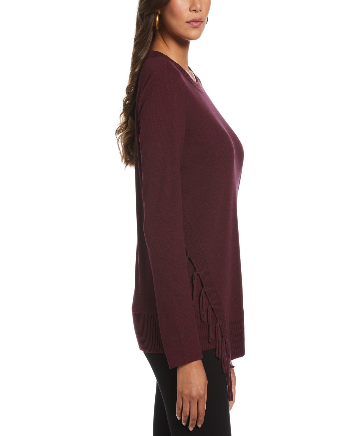 Rafaella Petite Ribbed Asymmetrical Fringe Hem Long Sleeve Top In Burgundy