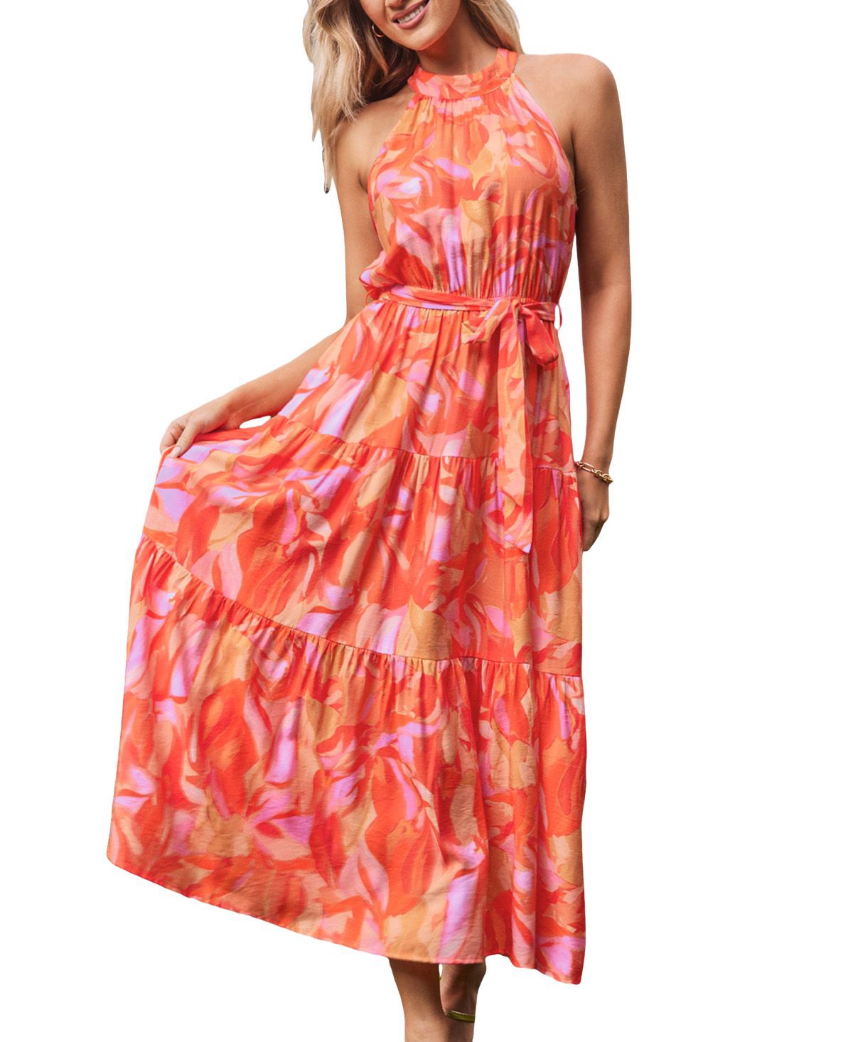 Women's Sunset Whirl Floral Maxi Beach Dress - Orange