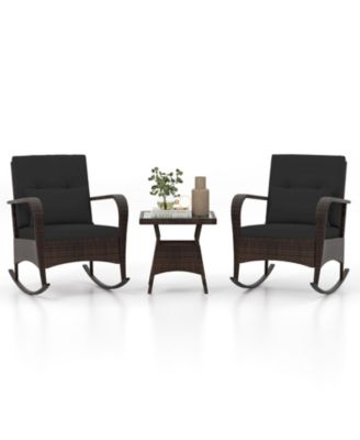 3-Piece PE Wicker Rocking Chair Patio Set with Tempered Glass Table – Ideal for Poolside, Backyard, or Porch