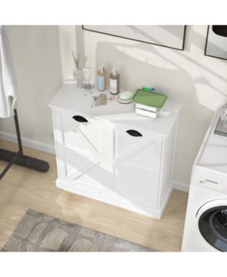 Tilt-Out Laundry Hamper Cabinet with Two Sorting Compartments and Top Shelf Organizer