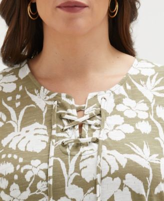 Plus Size Tropical Print Lace-Up Sleeveless Tank Top