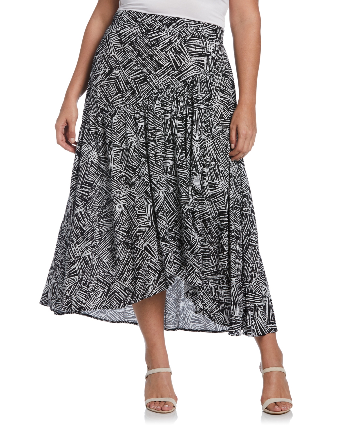 Plus Size Printed Crepe Faux Wrap Skirt - Black
