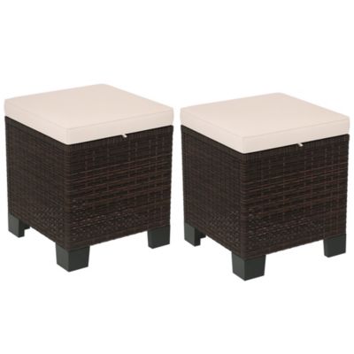 Set of 2 Wicker Outdoor Ottomans with Cushions