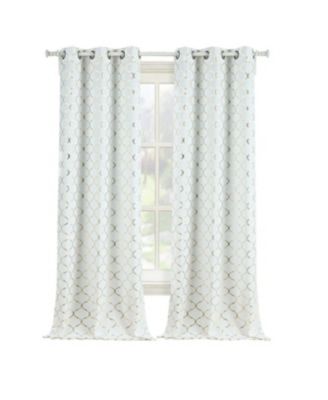 2 Pack Cotton Blend Shabby Metallic Quatrefoil Lattice Ultra Luxurious Grommet Top Window Curtain Panels - 38 in. W x 108 in. L, Silver