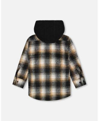 Boy Hooded Polar Fleece Overshirt with Hood Black and Brown Plaid - Toddler|Child