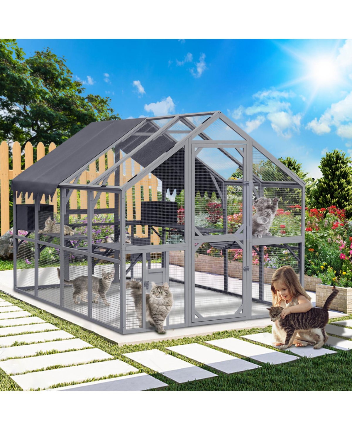 Outdoor Cat House & Enclosure - Large Playpen with Waterproof Cover - Blue+grey