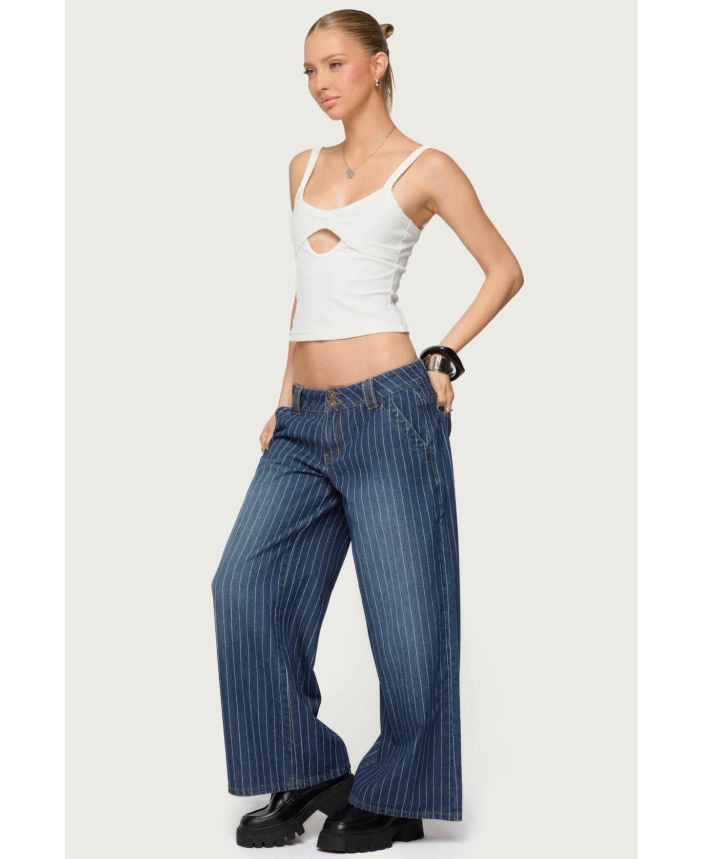 Женские джинсы Edikted Cory Striped Low Rise Baggy, цвет: Синий — фото 4
