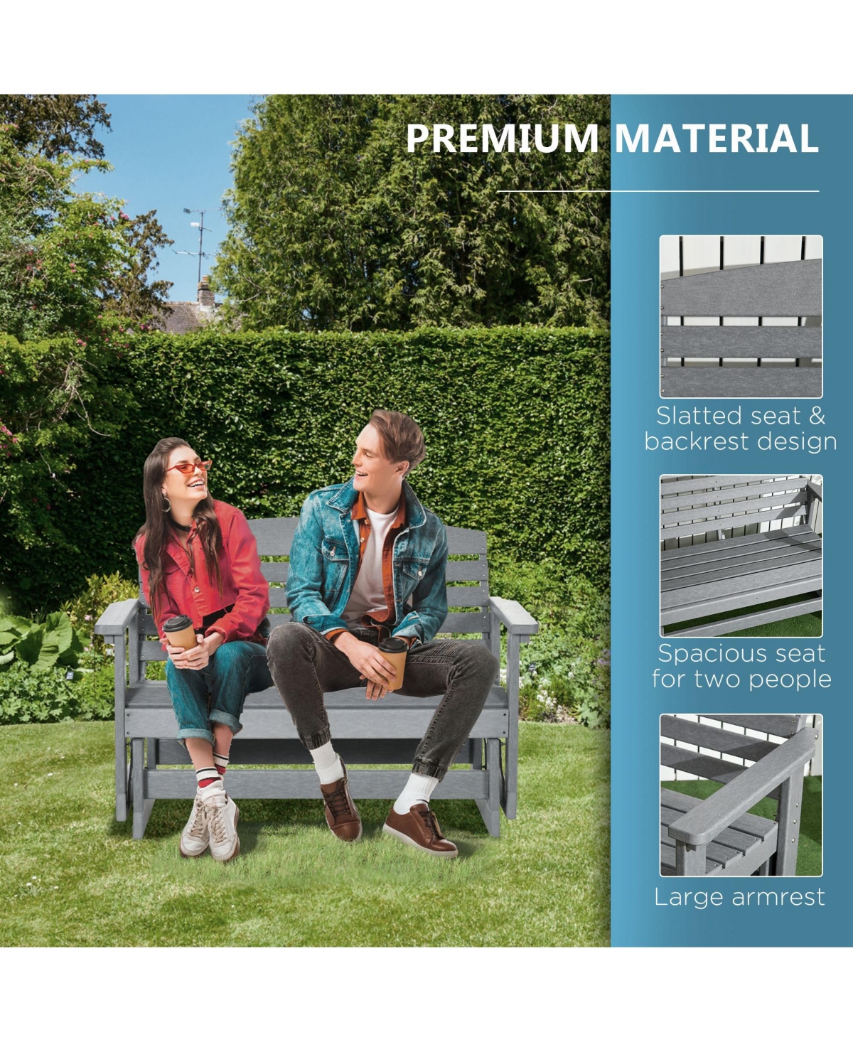 Flynama 2-Person Outdoor Glider Bench Patio Double Swing Rocking Chair Loveseat w/ Slatted Hdpe Frame for Backyard Garden Porch, Light Gray