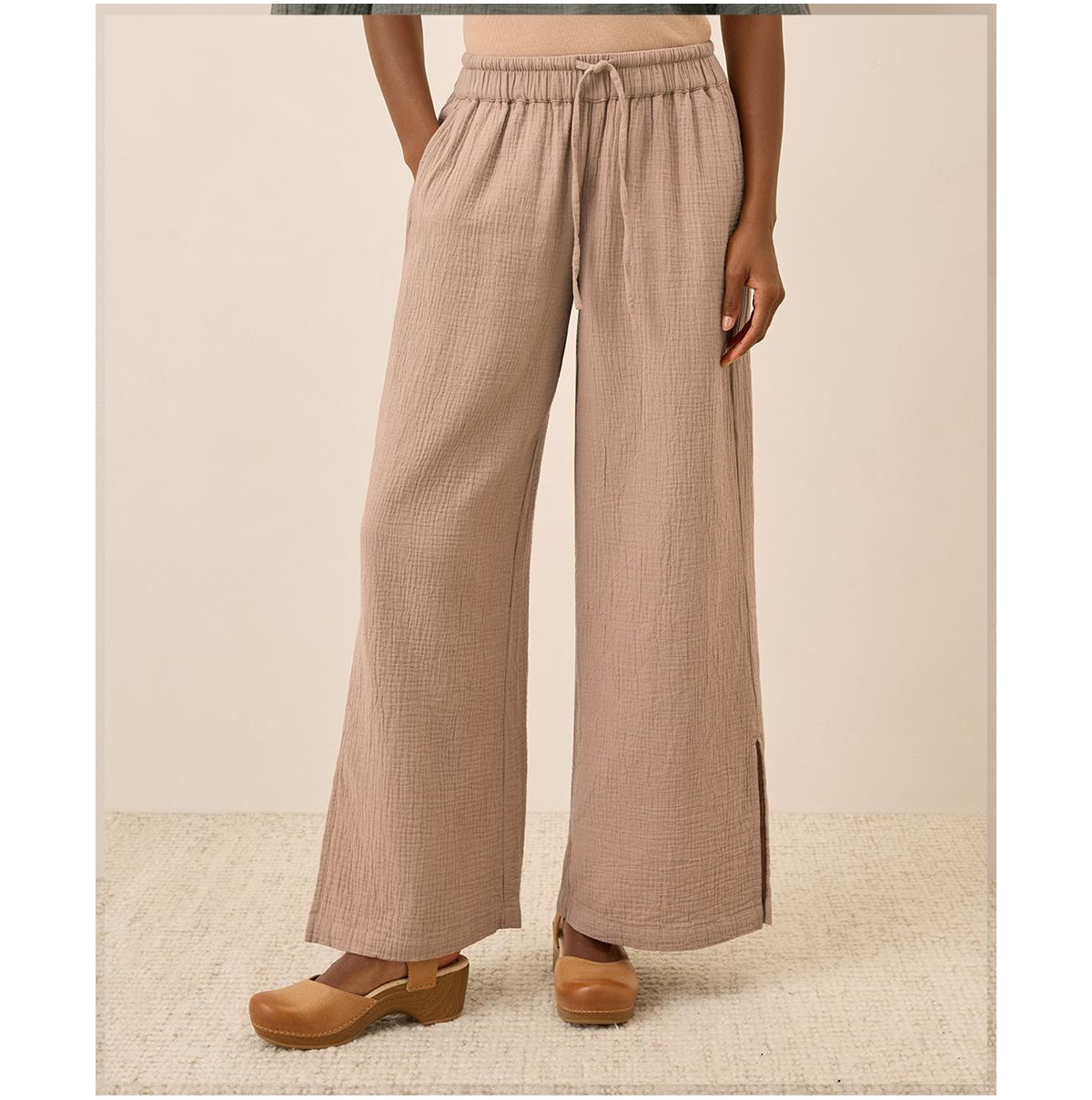 Pact Women's Organic Cotton Coastal Double Gauze Split Hem Pant - Stucco