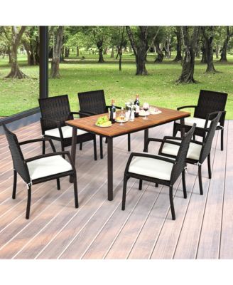 Rectangle Patio Outdoor Dining Table Acacia Wood Tabletop w/ 2'' Umbrella Hole