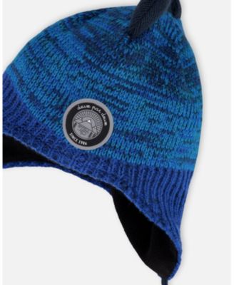Baby Boys Lined Dino Peruvian Knit Winter Hat with Pompom Blue
