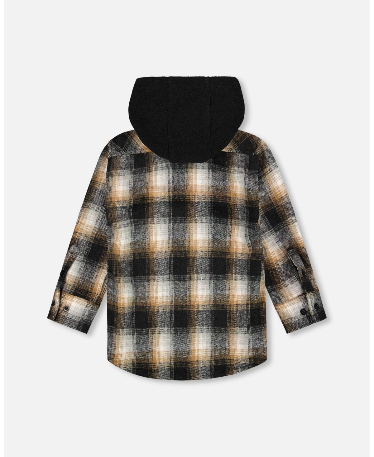 Deux par Boy Hooded Polar Fleece Overshirt with Hood Black and Brown Plaid