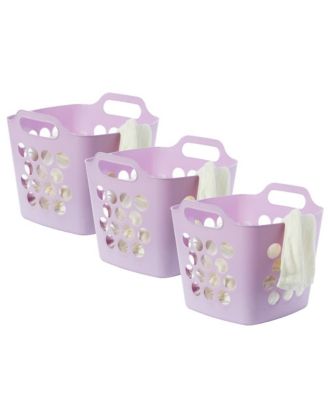 Flexible Plastic Carry Laundry Basket Holder Square Storage Hamper with Side Handles, Purple Set of 3