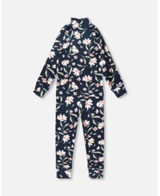 Big Girls Two-Piece Thermal Underwear Set Navy Flower Print