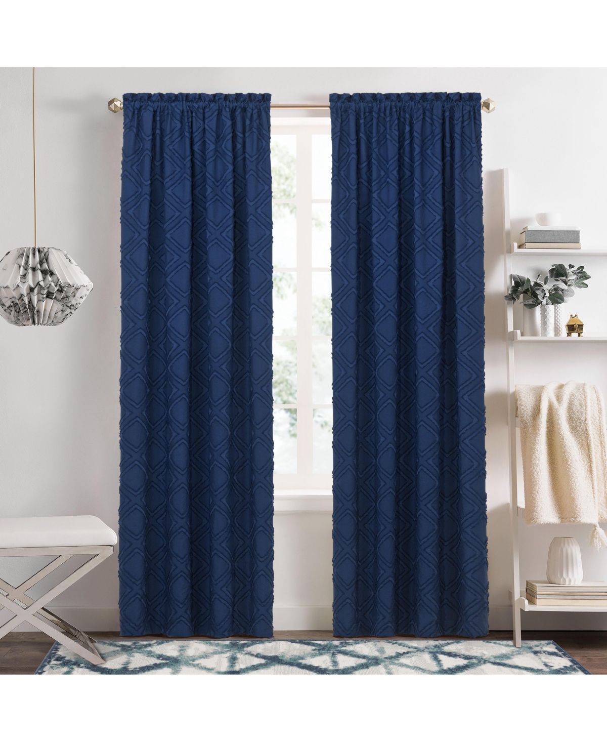Contemporary Geometric Shabby Diamond Clipped Rod Pocket Single Window Curtain Panel - 84 in. Long - Gray - Tan