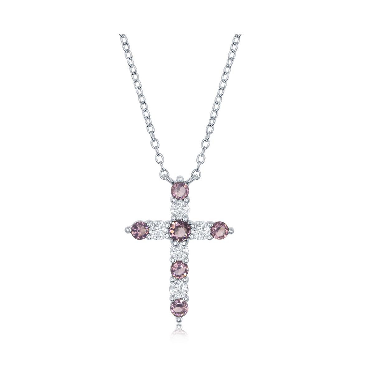 Sterling Silver, Birthstone Cross Cz Necklace - Swiss blue
