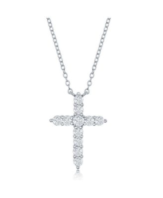 Sterling Silver, Birthstone Cross Cz Necklace - Silver