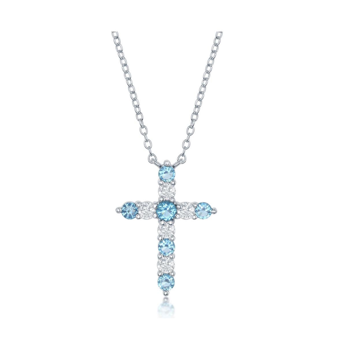 Sterling Silver, Birthstone Cross Cz Necklace - Swiss blue