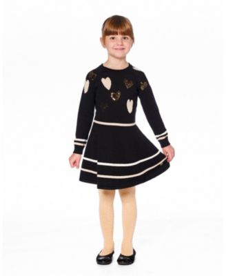 Big Girls Knit Dress Black with Glittery Heart Motifs