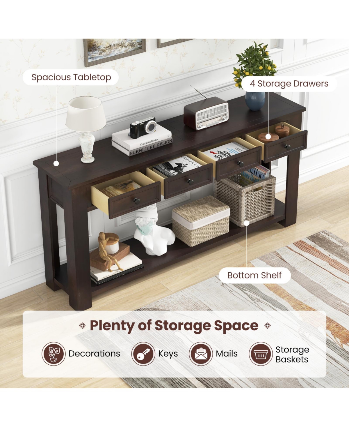 Volenca 63 Inches Farmhouse Entryway Table with 4 Storage Drawers and Open Shelf