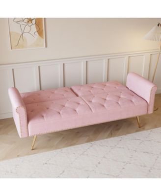 Pink Velvet Sofa Bed with Nailhead Trim & Pillow