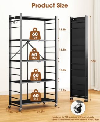 5-Tier Foldable Storage Shelves, Metal Storage Rack with Wheels and Hooks