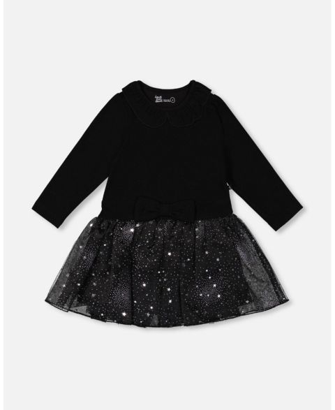 Платье Deux par Deux Bi-Material Dress with Glittering Skirt Black для девочек-малышей, цвет: Чёрный