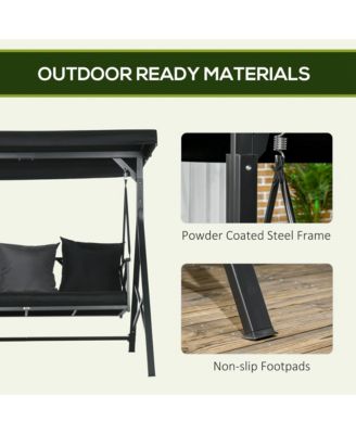 3-Seat Patio Swing Chair, Porch Swing Glider with Cushion, 3 Throw Pillows & Adjustable Canopy for Porch, Garden, Poolside, Backyard, Black