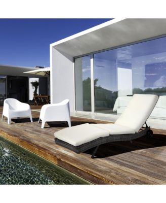 Wicker Chaise Lounge Pool Chair, Outdoor PE Rattan Cushioned Patio Sun Lounger w/ 5-Level Adjustable Backrest & Wheels for Easy Movement, Cream White