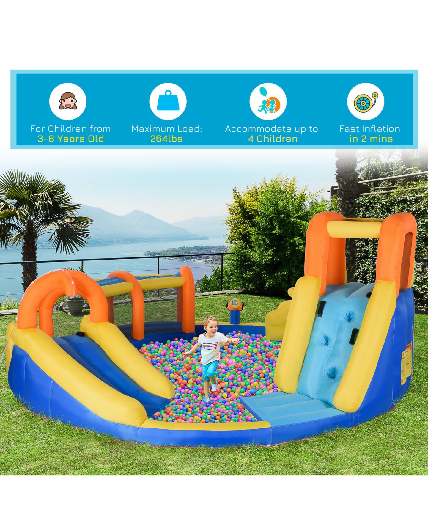 Детская игрушка Outsunny Inflatable Water Slide with Pool Gun Basket Climbing Wall with 750W Inflator — фото 5