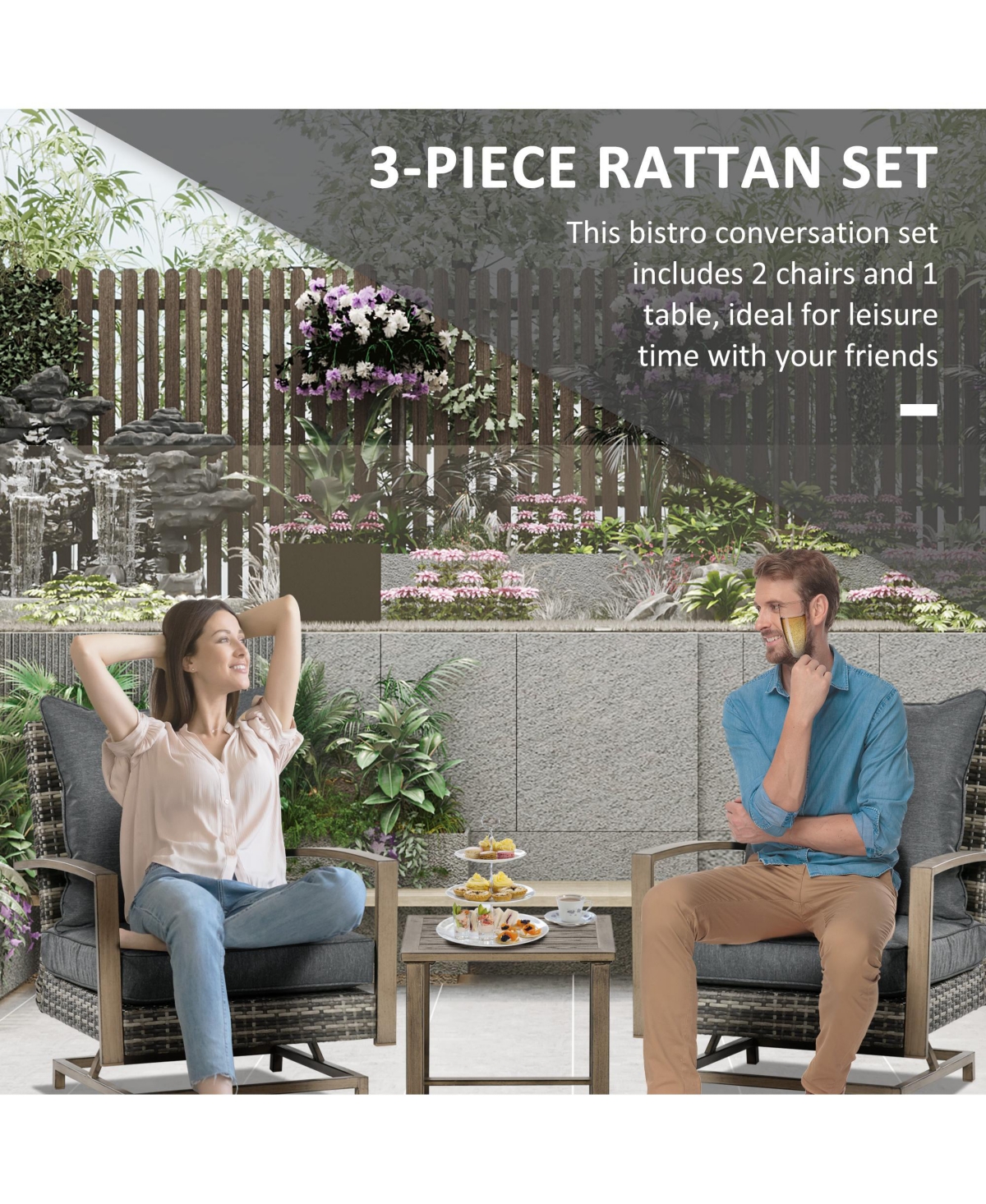 Outsunny Patio Bistro Set with Rocking Chairs, Dark