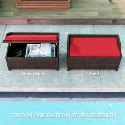Wicker Storage Bench Deck Box with Comfortable Cushion,