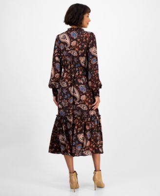 Women's Printed Split-Neck Long-Sleeve Midi Dress