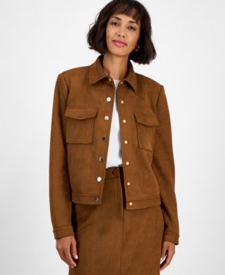 T Tahari - Women's Faux-Suede Snap-Front Long-Sleeve Jacket