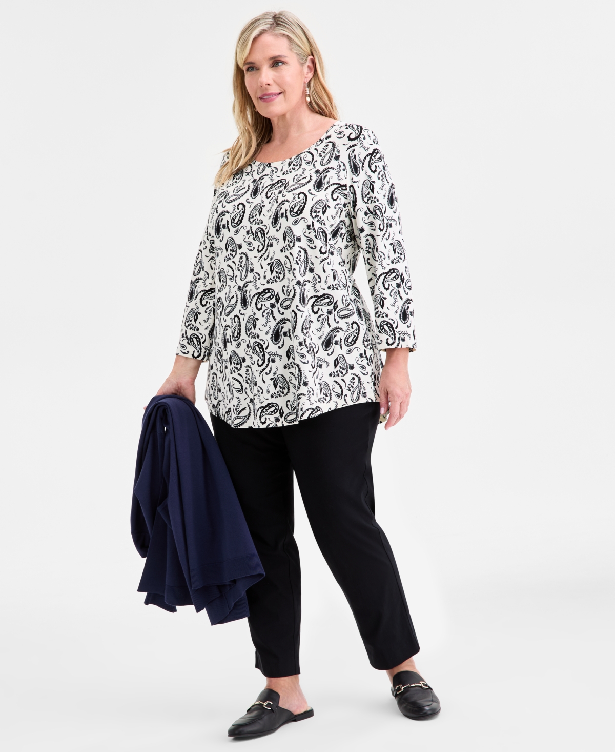 Jm Collection Plus Size Printed Scoop-neck 3/4-sleeve Top In White