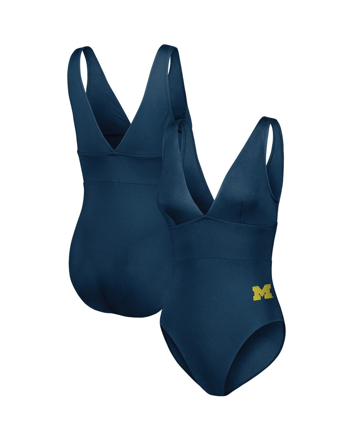 Women's Navy Michigan Wolverines Palm Modern V-Neck One-Piece Swimsuit - Navy