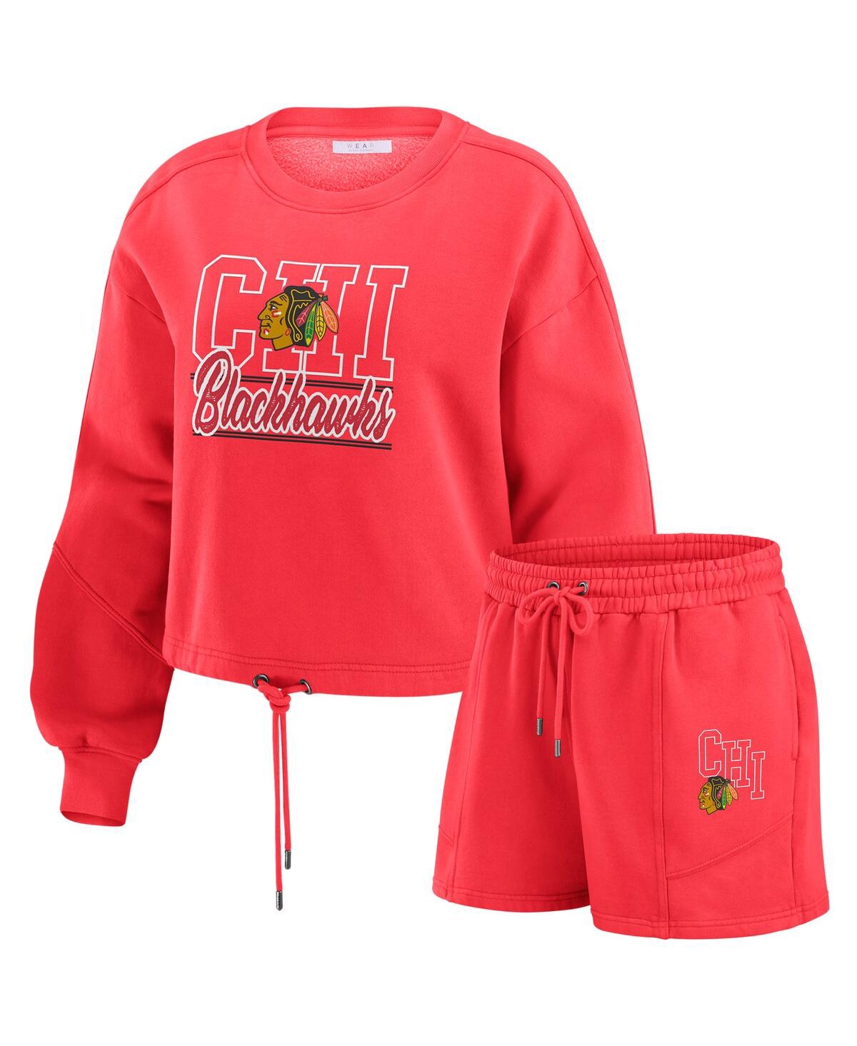 Women's 2-Piece Red Chicago Blackhawks Washed Fleece Sweatshirt and Shorts Lounge Set - Red