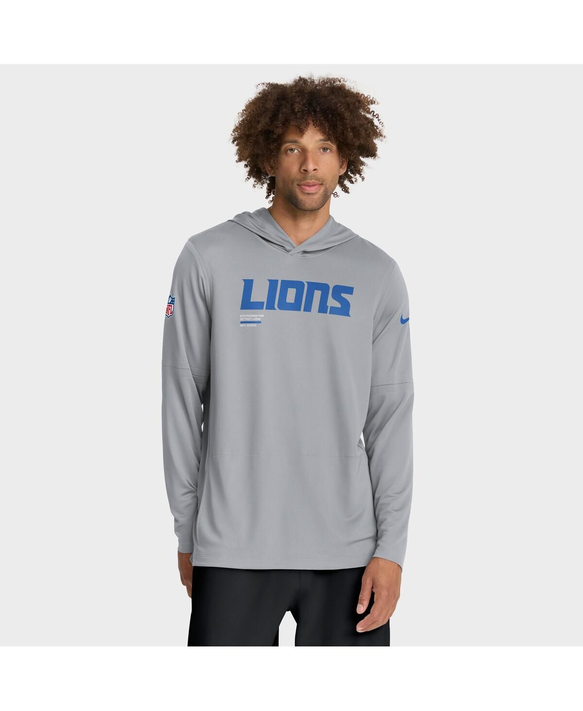 Мужская серая футболка с капюшоном Detroit Lions Sideline Pure Fury Performance с длинным рукавом