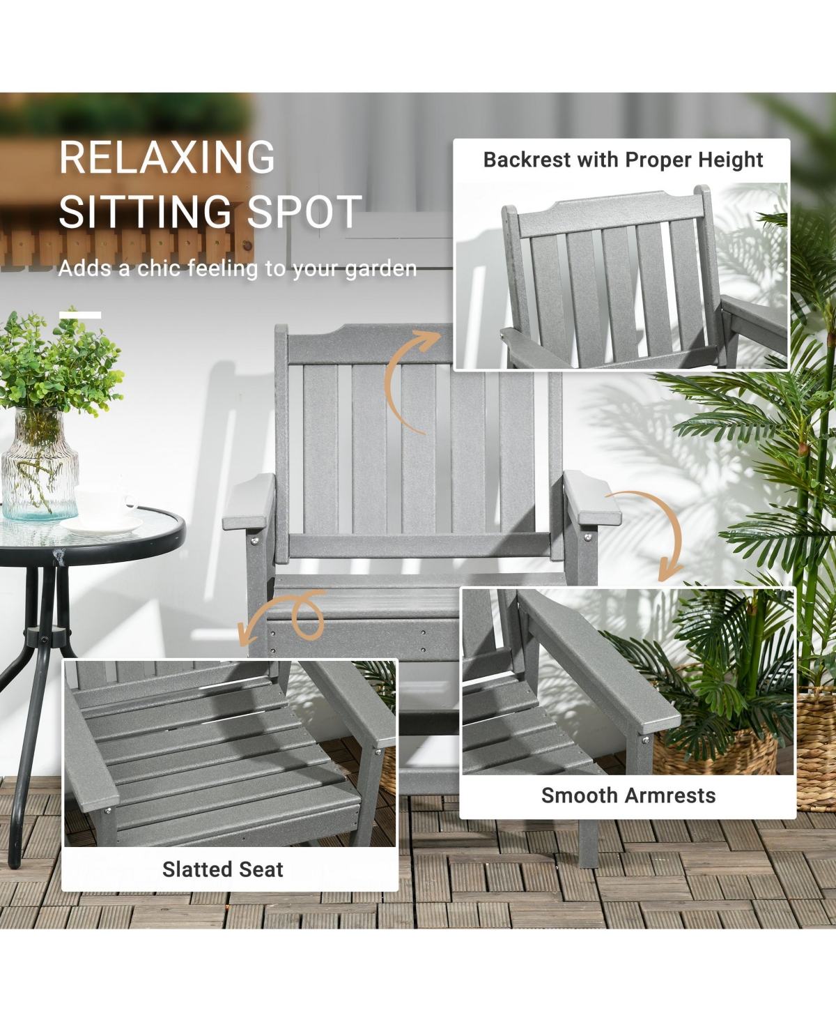 Outsunny Patio Chair with Armrests, Slatted Back Armchair