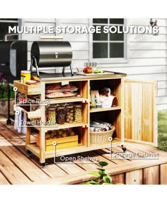 Grill Cart, Stainless Steel Top Kitchen Island, Natural Wood