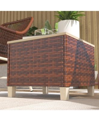 Outdoor Side Table with PE Rat, Patio End Table with Wood Top