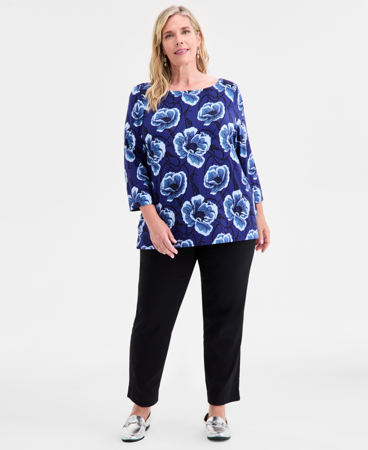 Jm Collection Plus Size Printed 3/4-sleeve Top, Macy's Exclusive In Blue